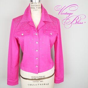 Christine Alexander Women's Medium Hot Pink Denim Jacket w/ Rhinestones * Y2K